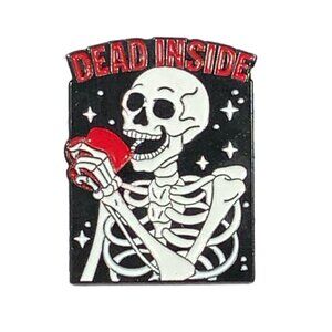 Dead Inside Skeleton With Coffee Enamel Pin Black White Red Punk Goth Funny